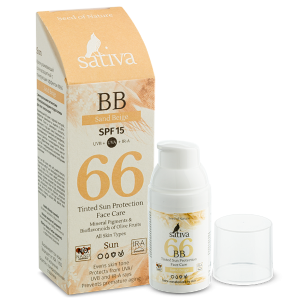 Sativa №66 Крем ухаживающий солнцезащитный с тонирующим эффектом (Песочно-Бежевый/Sand Beige), 30 мл