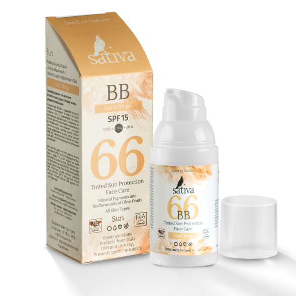 Sativa №66 Крем ухаживающий солнцезащитный с тонирующим эффектом (Песочно-Бежевый/Sand Beige), 30 мл