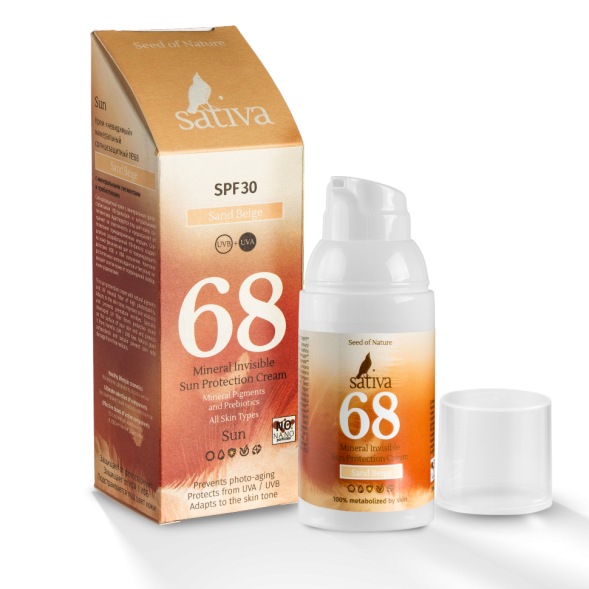 Sativa №68 Крем &amp;quot;невидимый&amp;quot; минеральный солнцезащитный SPF30 (Песочно-Бежевый/Sand Beige), 30 мл