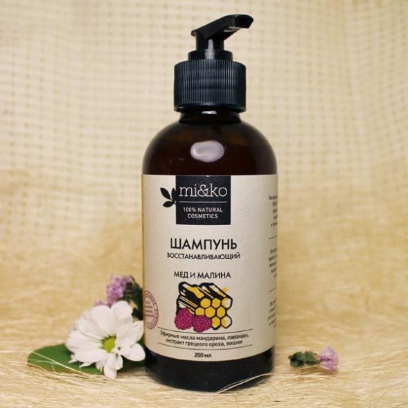 Натуральный шампунь МЁД и МАЛИНА восстанавливающий, 200 мл (МиКо)