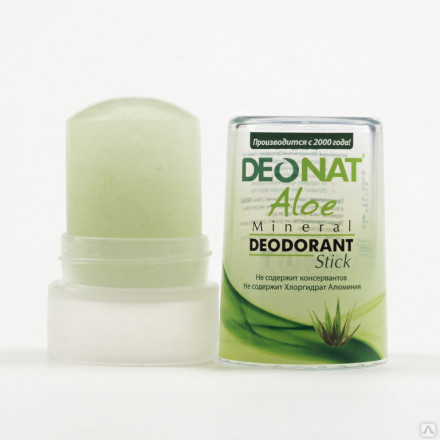 Натуральный дезодорант-кристалл ДеоНат с соком алоэ, плавленный зелёный стик, 40г. (DeoNat)