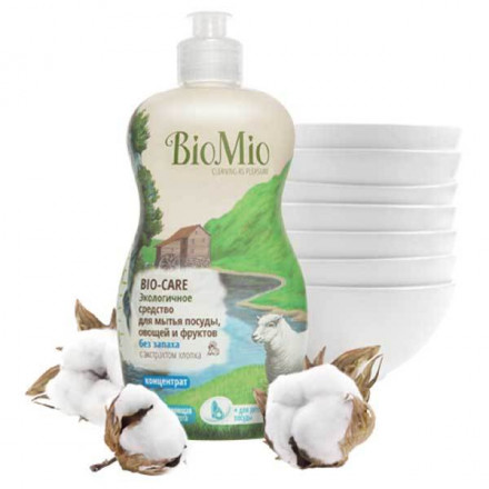 Средство BIO CARE для мытья посуды,овощей и фруктов, без запаха, с экстрактом хлопка, 450мл (BioMio)