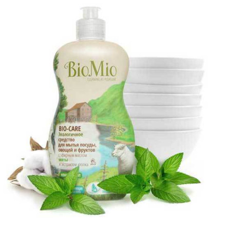 Средство BIO CARE для мытья посуды, овощей и фруктов, с эфирным маслом Мяты, с экстрактом хлопка, 450мл (BioMio)