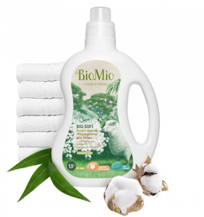 Эко-кондиционер для стирки белья Bio-Soft с эфирным маслом эвкалипта и экстрактом хлопка, 1500мл (BioMio)